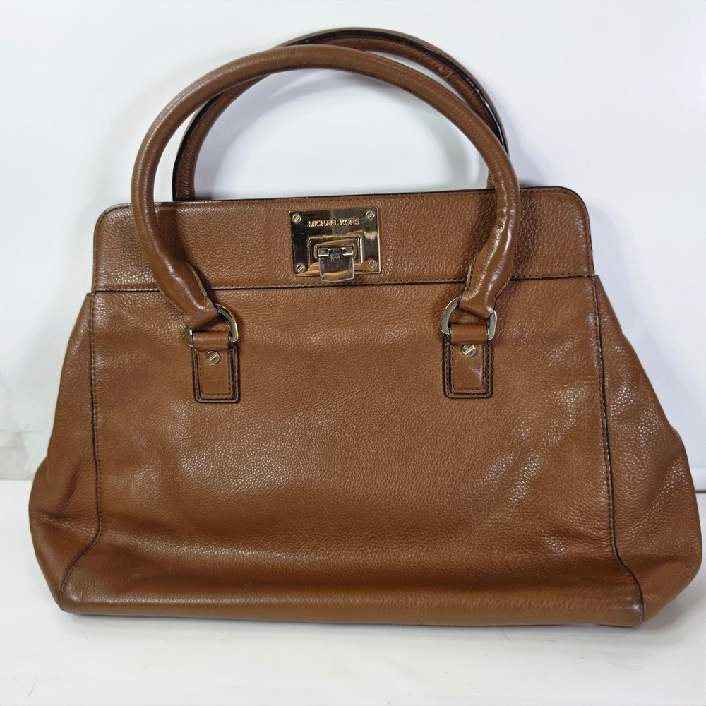 Michael Kors Astrid Large Brown Leather Satchel Handbag Gold Tote Purse No Strap